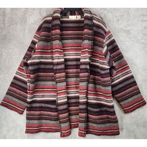 Eagles Eye Cardigan Womens 1X Red Gray 100% Wool Striped Open Front Sweater